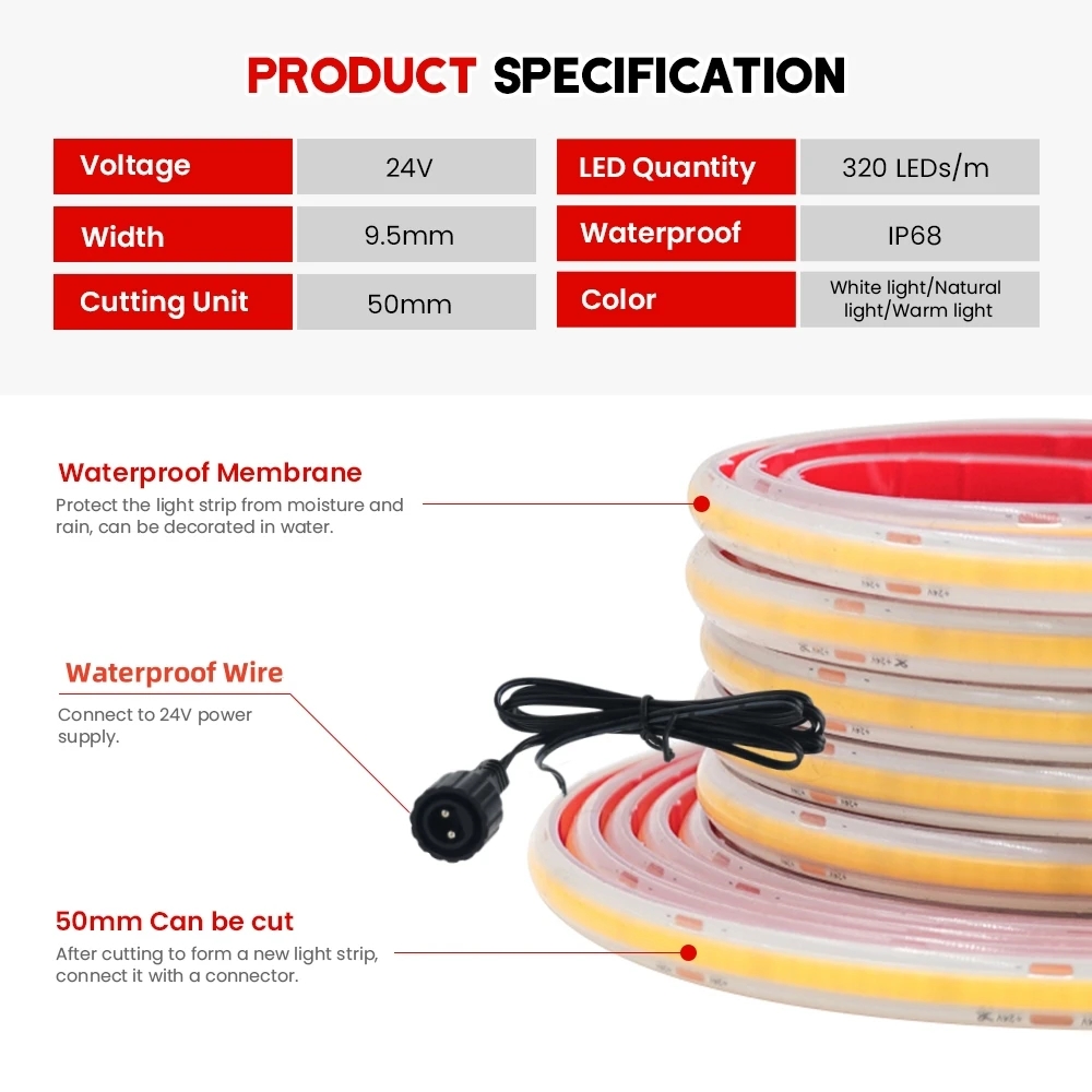 Tira de LED COB de 24V, IP68,  - Outdoor Power Strip Weatherproof reseña y precio